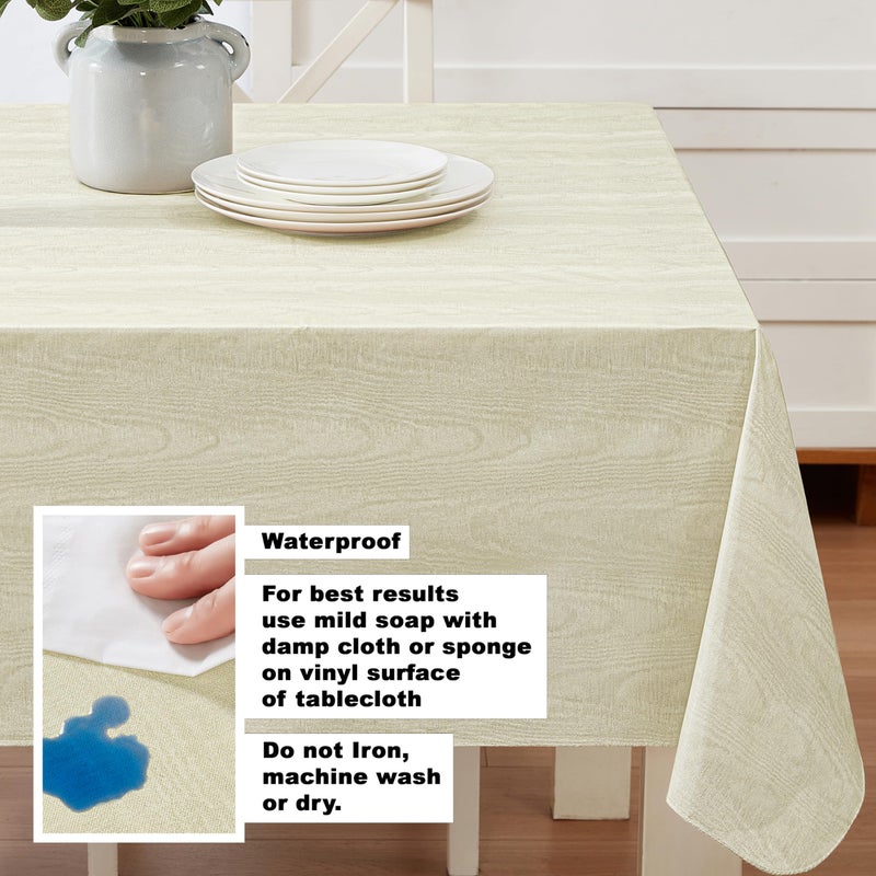 Newbridge Vinyl Flannel Backed Tablecloth, 60 x 84 Inch Rectangle, Beige Moire Wavy Solid Design, Heavyweight Indoor Outdoor Waterproof Table Cover, Easy Care Wipe Clean - Image 3